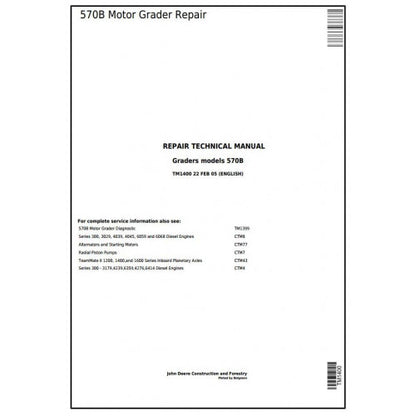 John Deere 570B Motor Grader Pdf Technical Repair Service Manual TM1400