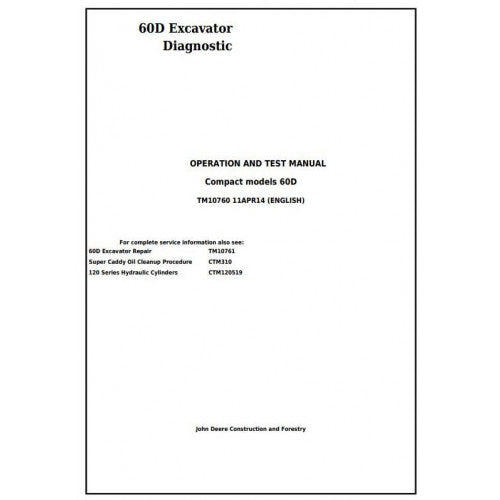 John Deere 60D Compact Excavator Pdf Diagnostic, Operation and Tests Service Manual TM10760