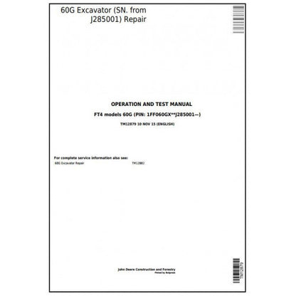 John Deere 60G Compact Excavator Pdf Diagnostic, Operation and Tests Service Manual TM12879