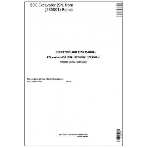 John Deere 60G Compact Excavator Pdf Diagnostic, Operation and Tests Service Manual TM12879