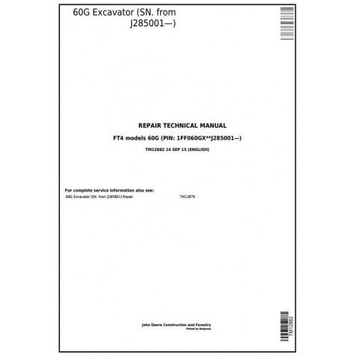 John Deere 60G Compact Excavator Pdf Technical Repair Service Manual TM12882