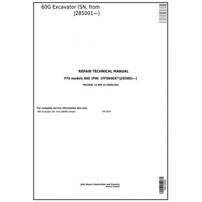 John Deere 60G Compact Excavator Pdf Technical Repair Service Manual TM12882