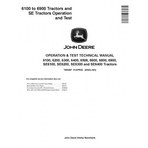 John Deere 6100, 6100SE, 6200, 6200SE, 6300, 6300SE Tractor Pdf Diagnostic, Operation and Tests Service Manual TM4487