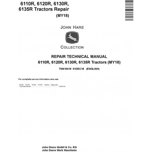 John Deere 6110R, 6120R, 6130R, 6135R Tractor Pdf Technical Repair Manual TM410419