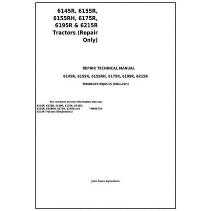 John Deere 6145R, 6155R, 6155RH, 6175R, 6195R, 6215R Tractor Pdf Technical Repair Manual TM406919