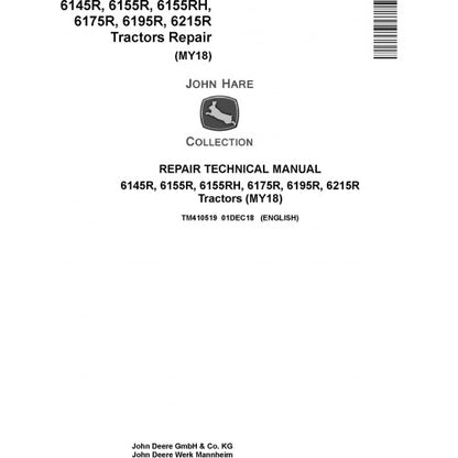 John Deere 6145R, 6155R, 6155RH, 6175R, 6195R, 6215R Tractor Pdf Technical Repair Manual TM410519