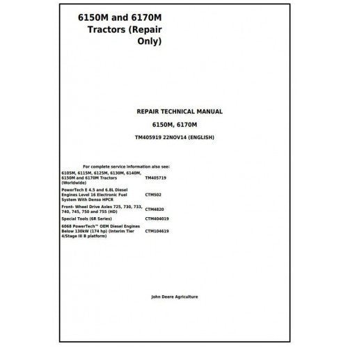 John Deere 6150M and 6170M Tractor Pdf Technical Repair Manual TM405919