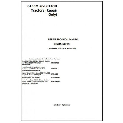 John Deere 6150M and 6170M Tractor Pdf Technical Repair Manual TM405919