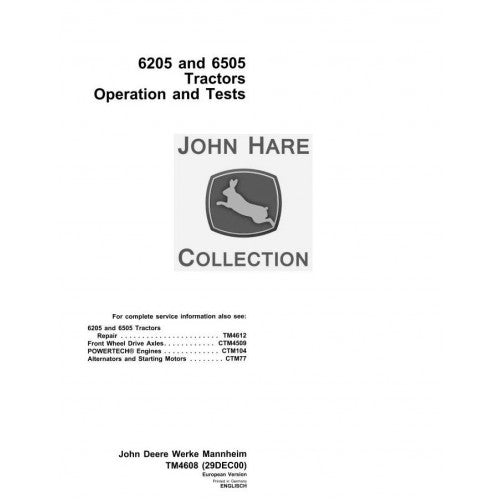 John Deere 6205, 6605 Tractor Pdf Diagnostic, Operation and Tests Service Manual TM4608