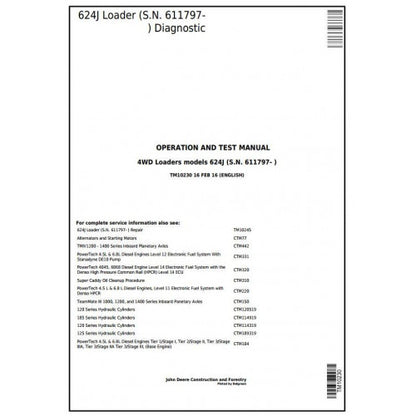 John Deere 624J 4WD Loader Pdf Diagnostic, Operation and Tests Service Manual TM10230