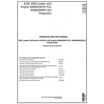 John Deere 624K 4WD Loader Pdf Diagnostic, Operation and Tests Service Manual TM10690
