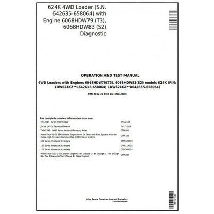 John Deere 624K 4WD Loader Pdf Diagnostic, Operation and Tests Service Manual TM12102