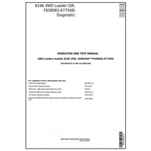 John Deere 624K 4WD Loader Pdf Diagnostic, Operation and Tests Service Manual TM13050X19