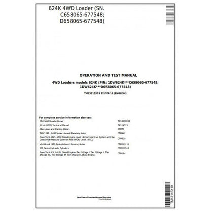 John Deere 624K 4WD Loader Pdf Diagnostic, Operation and Tests Service Manual TM13115X19