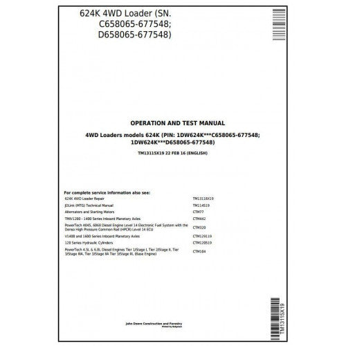 John Deere 624K 4WD Loader Pdf Diagnostic, Operation and Tests Service Manual TM13115X19