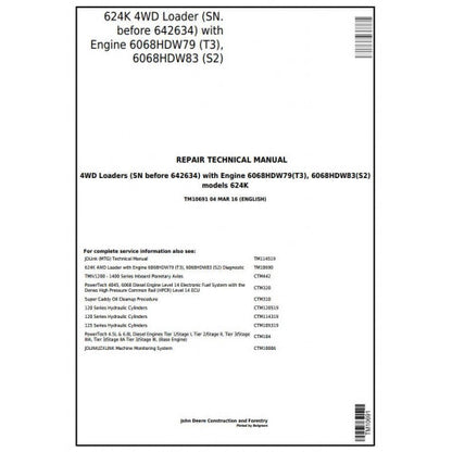 John Deere 624K 4WD Loader Pdf Technical Repair Service Manual TM10691