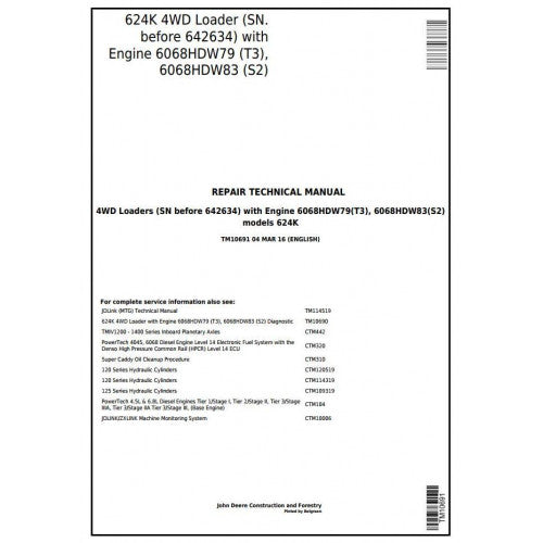 John Deere 624K 4WD Loader Pdf Technical Repair Service Manual TM10691