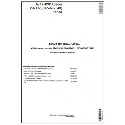 John Deere 624K 4WD Loader Pdf Technical Repair Service Manual TM13051X19