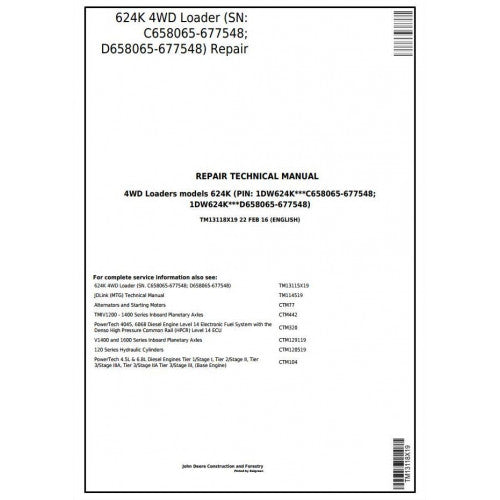John Deere 624K 4WD Loader Pdf Technical Repair Service Manual TM13118X19