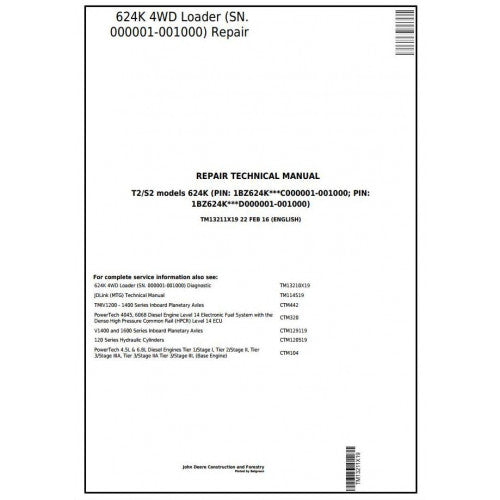 John Deere 624K 4WD Loader Pdf Technical Repair Service Manual TM13211X19