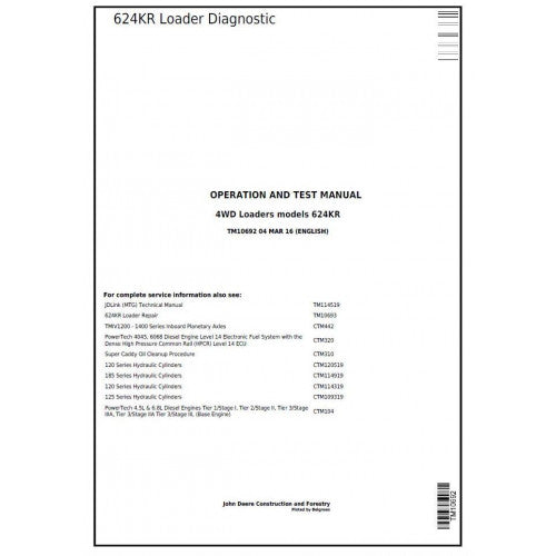 John Deere 624KR 4WD Loader Pdf Diagnostic, Operation and Tests Service Manual TM10692
