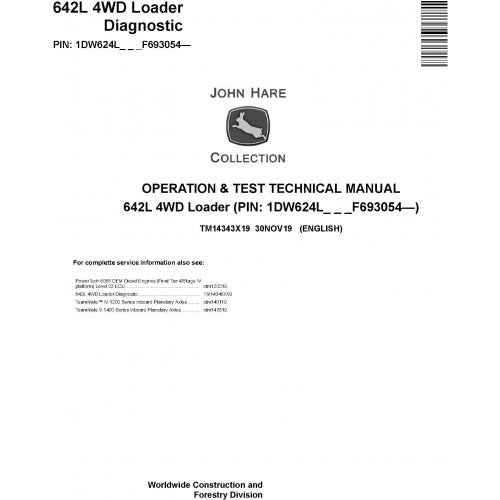 John Deere 624L 4WD Loader Pdf Diagnostic, Operation and Tests Service Manual TM14343X19