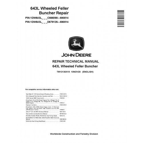 John Deere 643L Wheeled Feller Buncher Pdf Technical Repair Service Manual (TM13130X19)