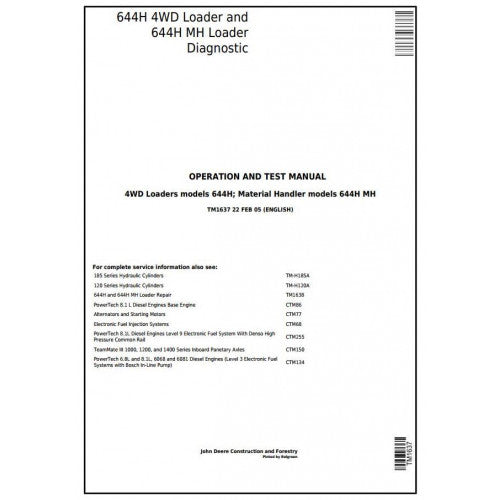 John Deere 644H 4WD Loader and 644H MH Material Handler Pdf Diagnostic, Operation and Tests Service Manual TM1637