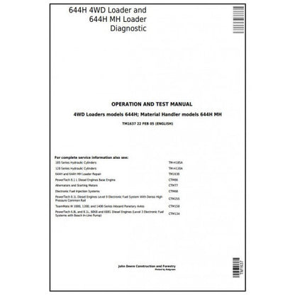John Deere 644H 4WD Loader and 644H MH Material Handler Pdf Diagnostic, Operation and Tests Service Manual TM1637