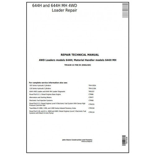 John Deere 644H 4WD Loader and 644H MH Material Handler Pdf Technical Repair Service Manual TM1638