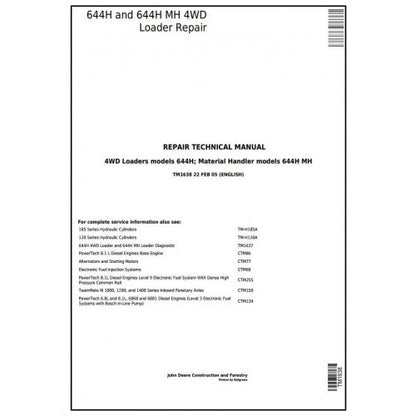 John Deere 644H 4WD Loader and 644H MH Material Handler Pdf Technical Repair Service Manual TM1638