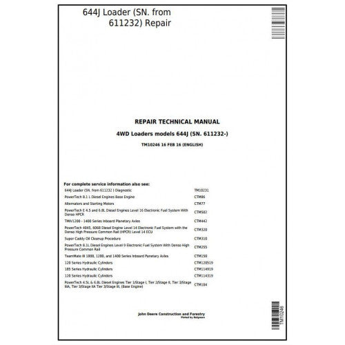 John Deere 644J 4WD Loader Pdf Technical Repair Service Manual TM10246