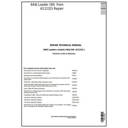 John Deere 644J 4WD Loader Pdf Technical Repair Service Manual TM10246