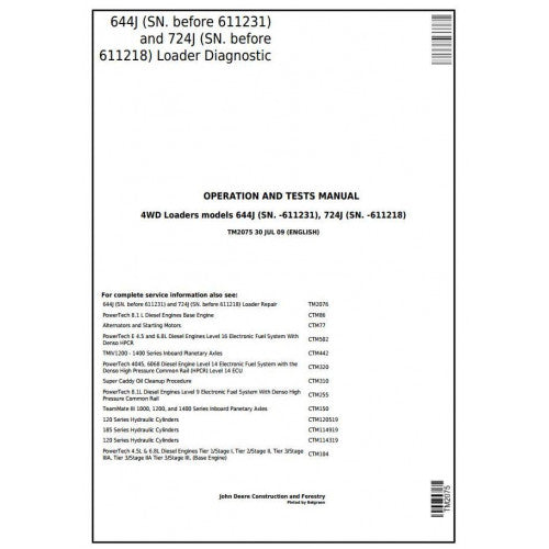 John Deere 644J, 724J 4WD Loader Pdf Diagnostic, Operation and Tests Service Manual TM2075