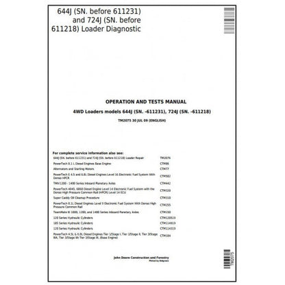 John Deere 644J, 724J 4WD Loader Pdf Diagnostic, Operation and Tests Service Manual TM2075