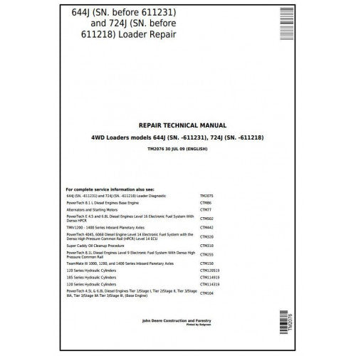 John Deere 644J, 724J 4WD Loader Pdf Technical Repair Service Manual TM2076