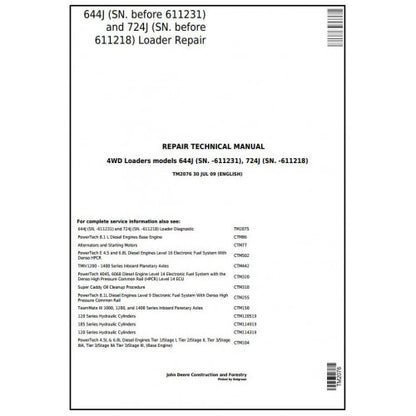 John Deere 644J, 724J 4WD Loader Pdf Technical Repair Service Manual TM2076