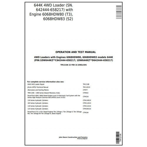John Deere 644K 4WD Loader Pdf Diagnostic, Operation and Tests Service Manual TM12106