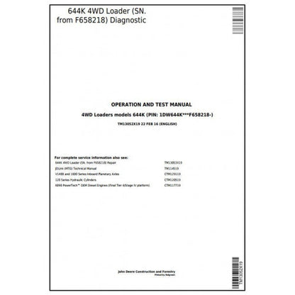 John Deere 644K 4WD Loader Pdf Diagnostic, Operation and Tests Service Manual TM13052X19