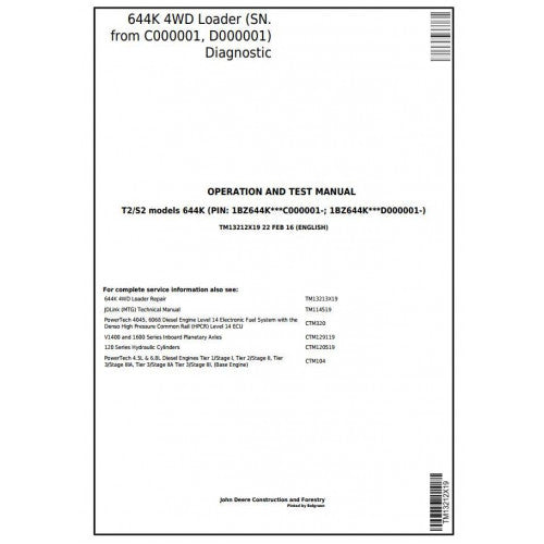 John Deere 644K 4WD Loader Pdf Diagnostic, Operation and Tests Service Manual TM13212X19