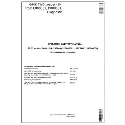 John Deere 644K 4WD Loader Pdf Diagnostic, Operation and Tests Service Manual TM13212X19