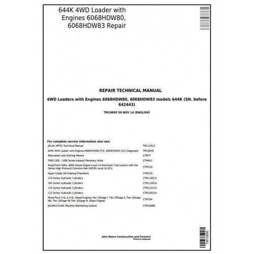 John Deere 644K 4WD Loader Pdf Technical Repair Service Manual TM10695