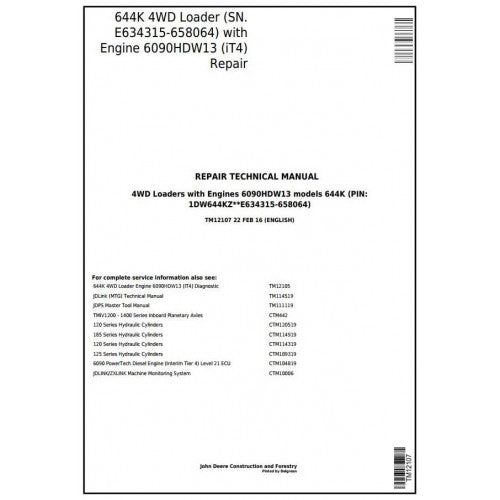 John Deere 644K 4WD Loader Pdf Technical Repair Service Manual TM12107