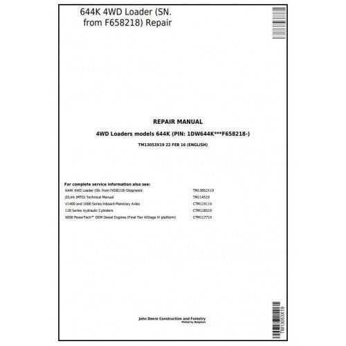 John Deere 644K 4WD Loader Pdf Technical Repair Service Manual TM13053X19