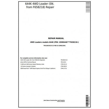 John Deere 644K 4WD Loader Pdf Technical Repair Service Manual TM13053X19