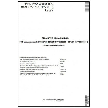 John Deere 644K 4WD Loader Pdf Technical Repair Service Manual TM13119X19