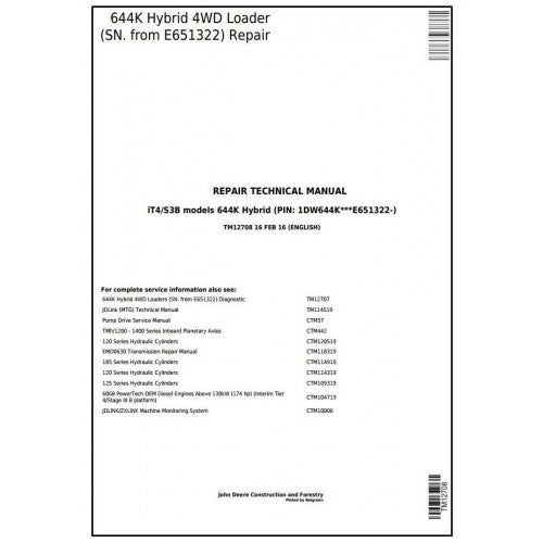 John Deere 644K Hybrid 4WD Loader Pdf Technical Repair Service Manual TM12708