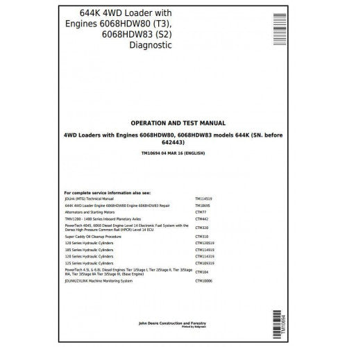 John Deere 644K Loader Pdf Diagnostic, Operation and Tests Service Manual TM10694