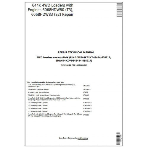 John Deere 644K Loader Pdf Technical Repair Service Manual TM12108