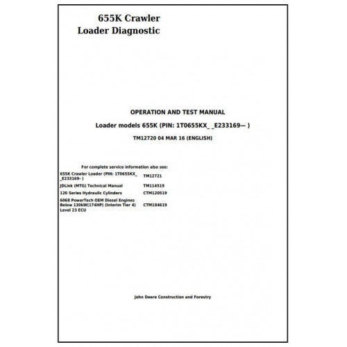 John Deere 655K Crawler Loader Pdf Diagnostic, Operation and Tests Service Manual TM12720